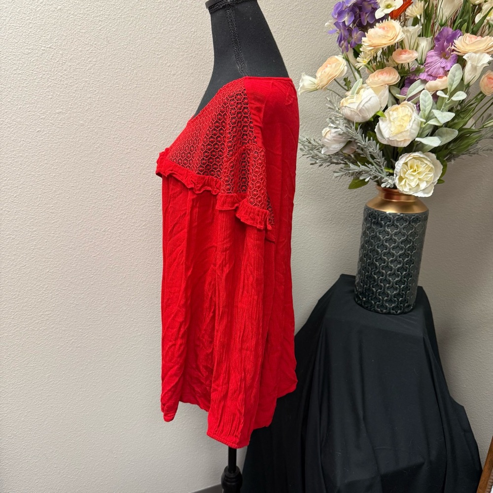 EST. 1946 Red Crochet Lace Ruffle Peasant Blouse 26/28W Romantic Boho Top - Picture 2 of 8